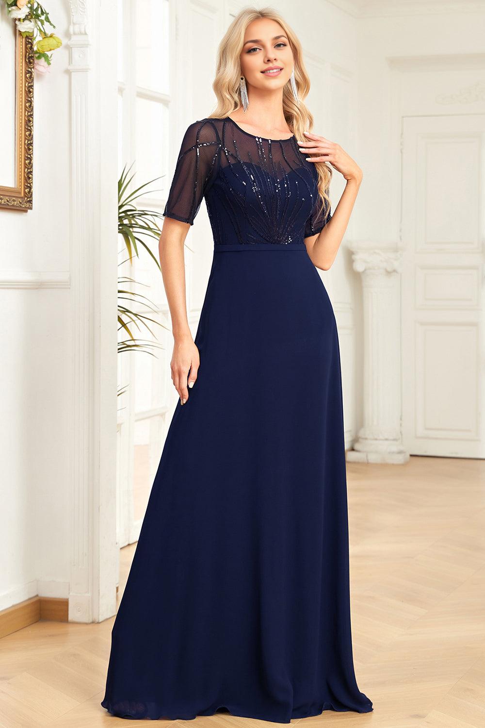 Navy A Line Round Neck Sequin Mother of the Bride Dress with Short Sleeves