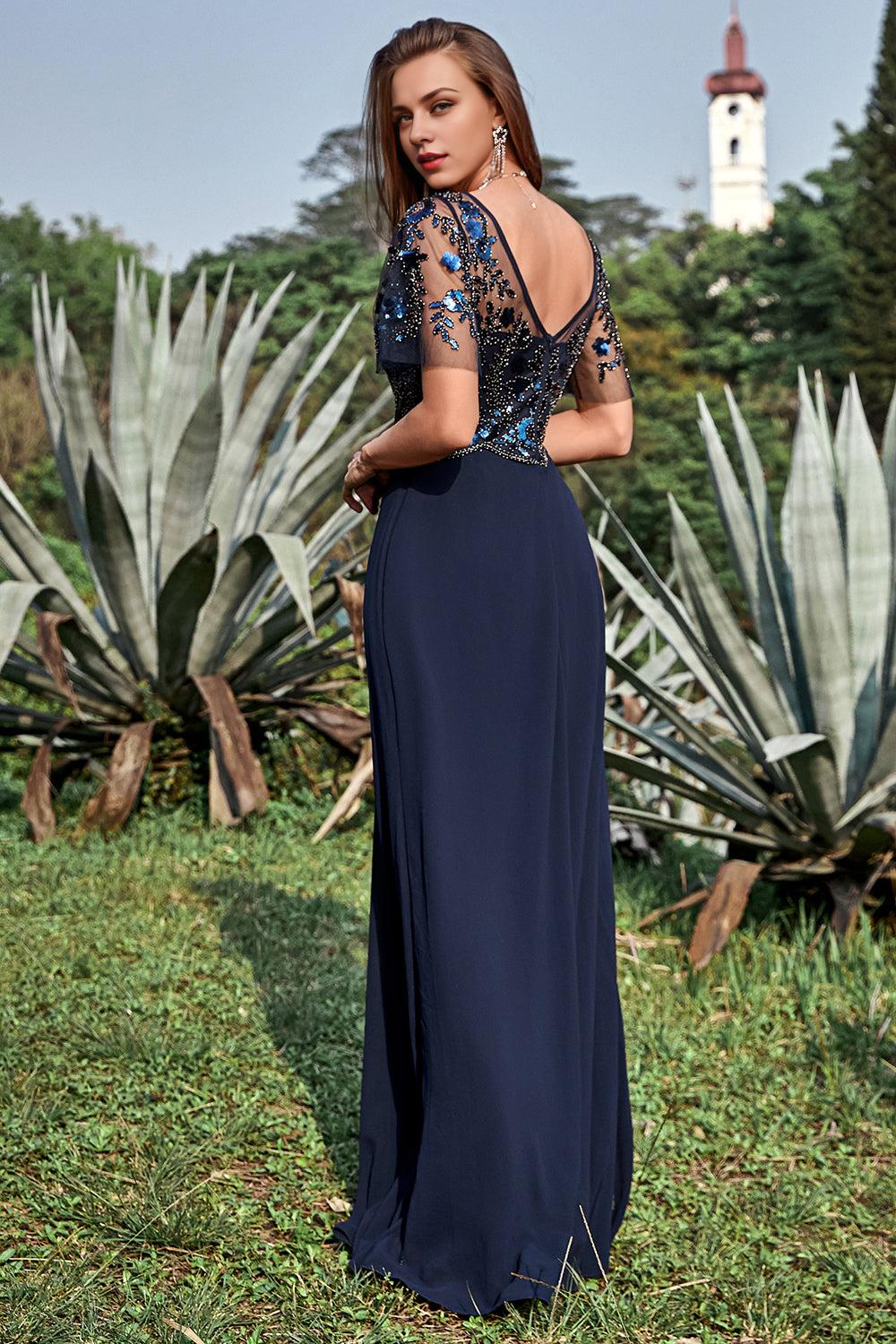 Sheath Round Neck Appliques Sequin Floor Length Dress