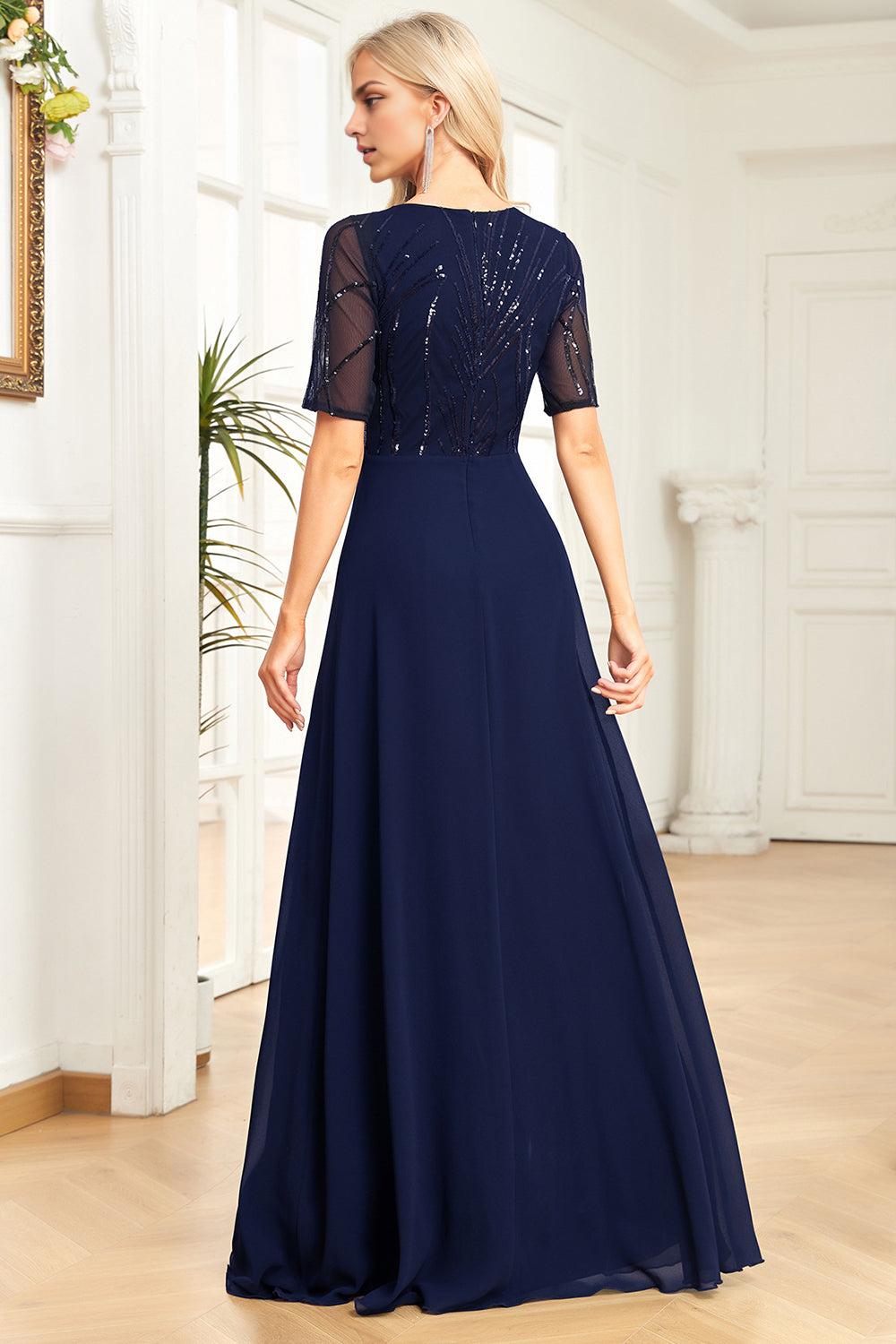 Navy A Line Round Neck Sequin Mother of the Bride Dress with Short Sleeves