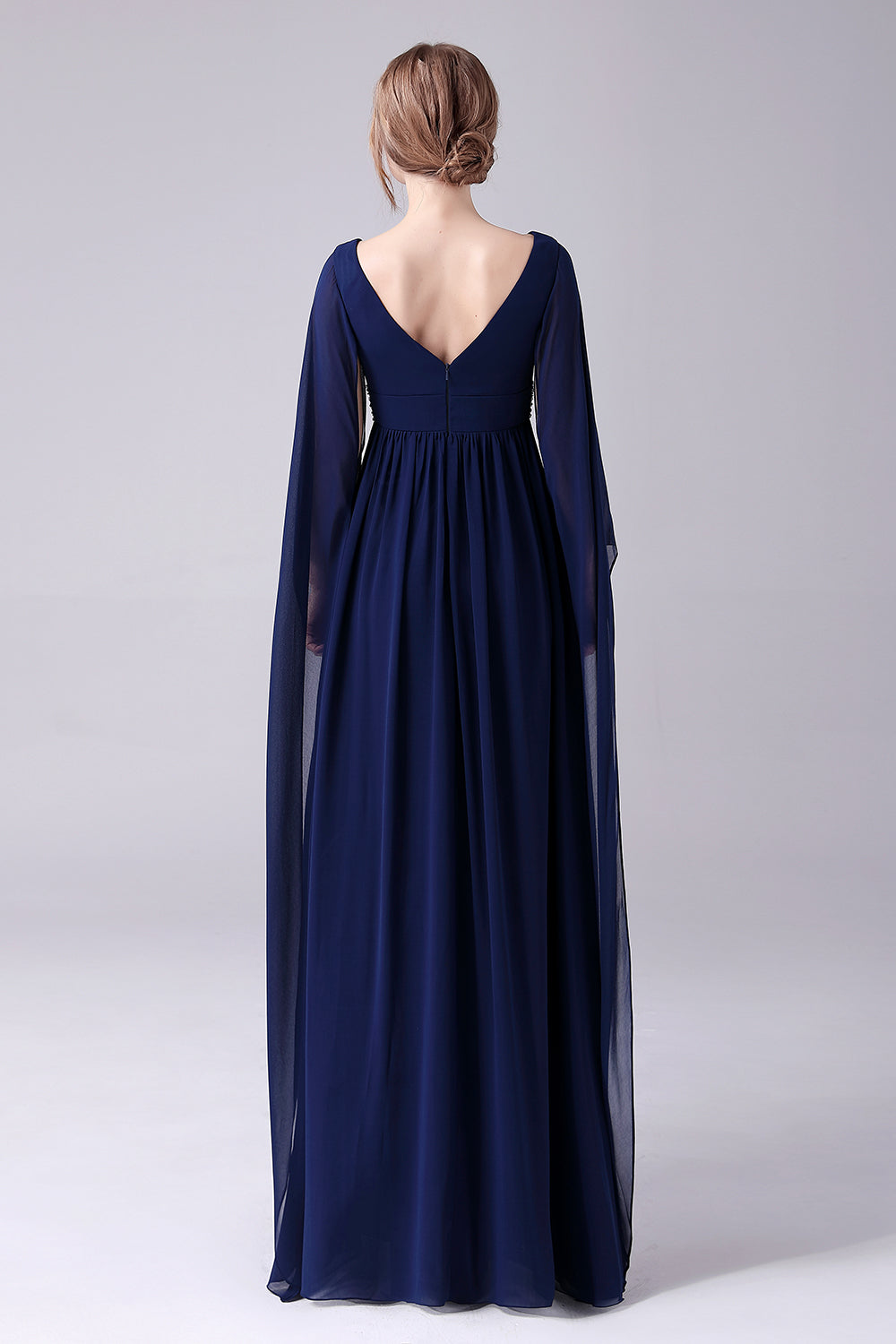 A-Line V-Neck Chiffon Pleated Long Mother Of the Bride Dress Long Sleeves