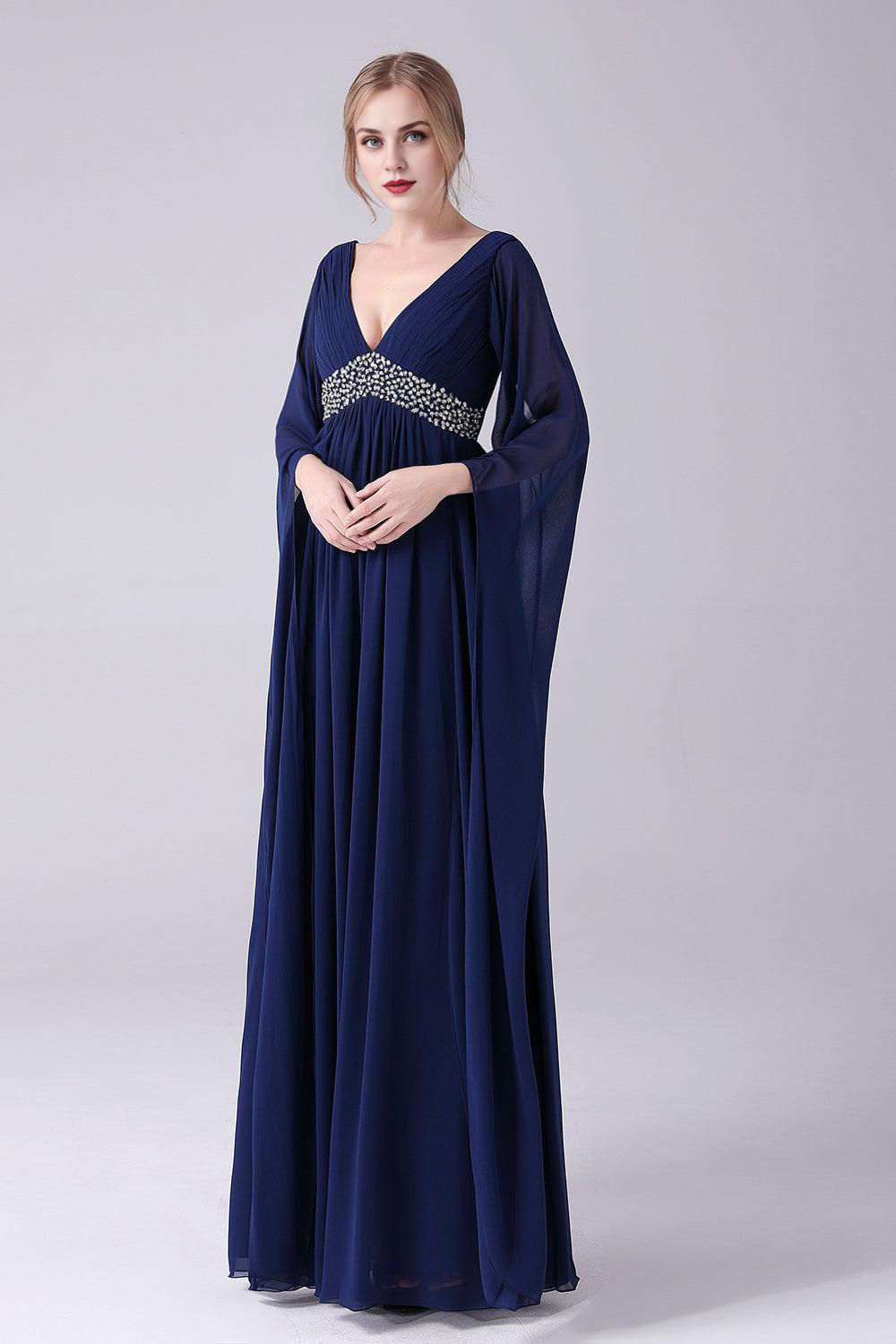 A-Line V-Neck Chiffon Pleated Long Mother Of the Bride Dress Long Sleeves