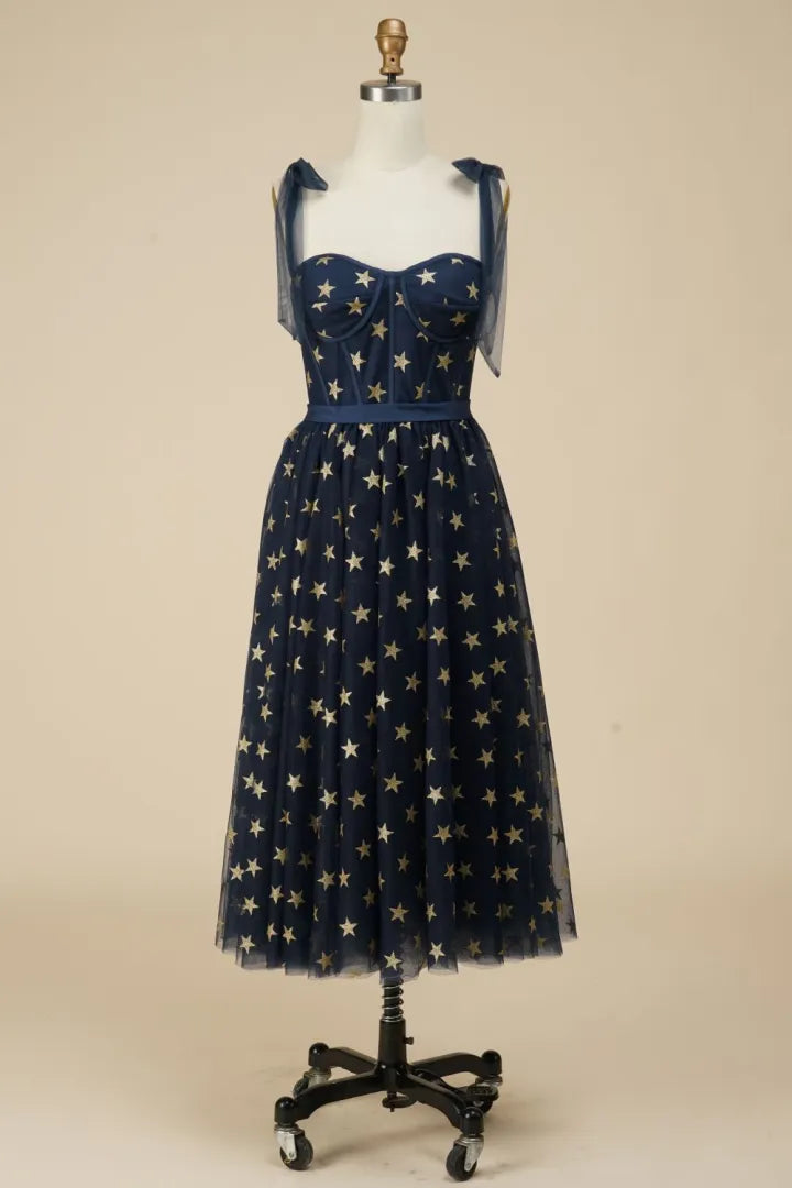 Navy blue A-line brown long party cocktail ball dress with star pattern