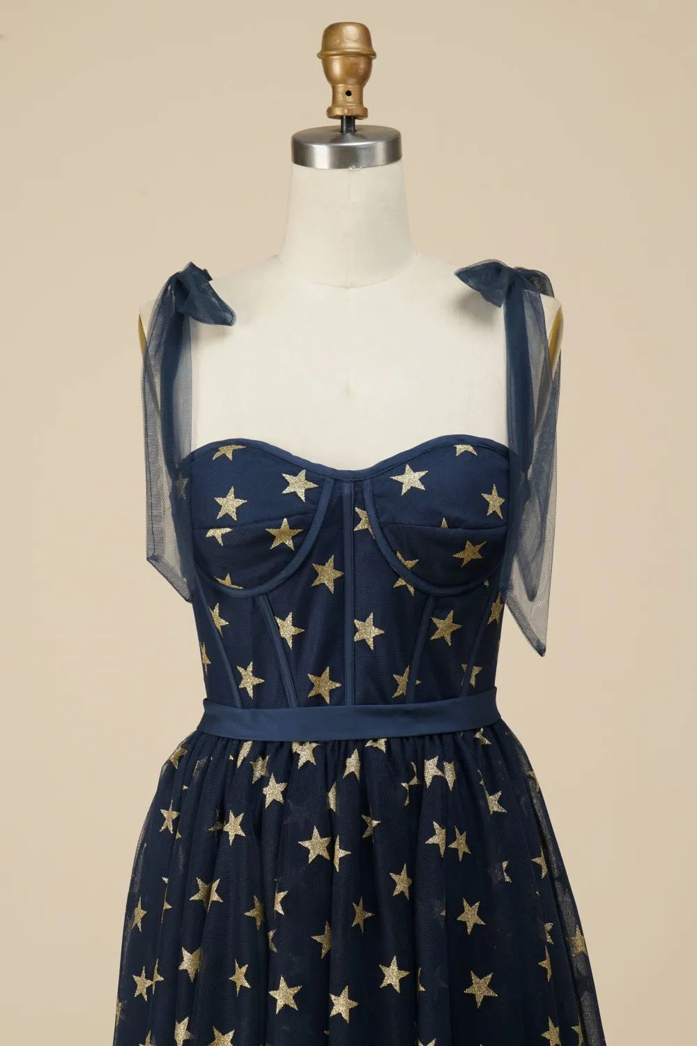 Navy blue A-line brown long party cocktail ball dress with star pattern