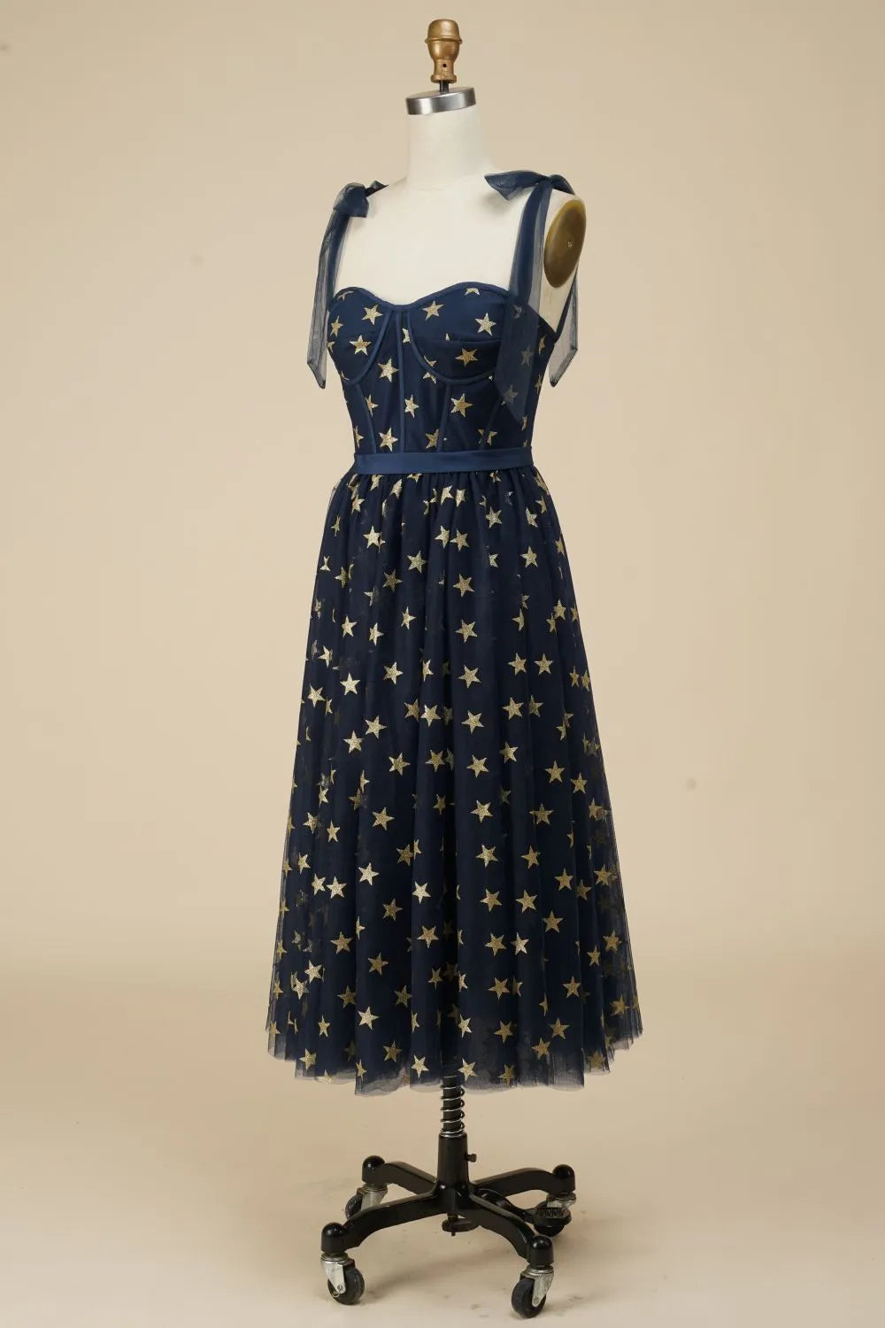 Navy blue A-line brown long party cocktail ball dress with star pattern
