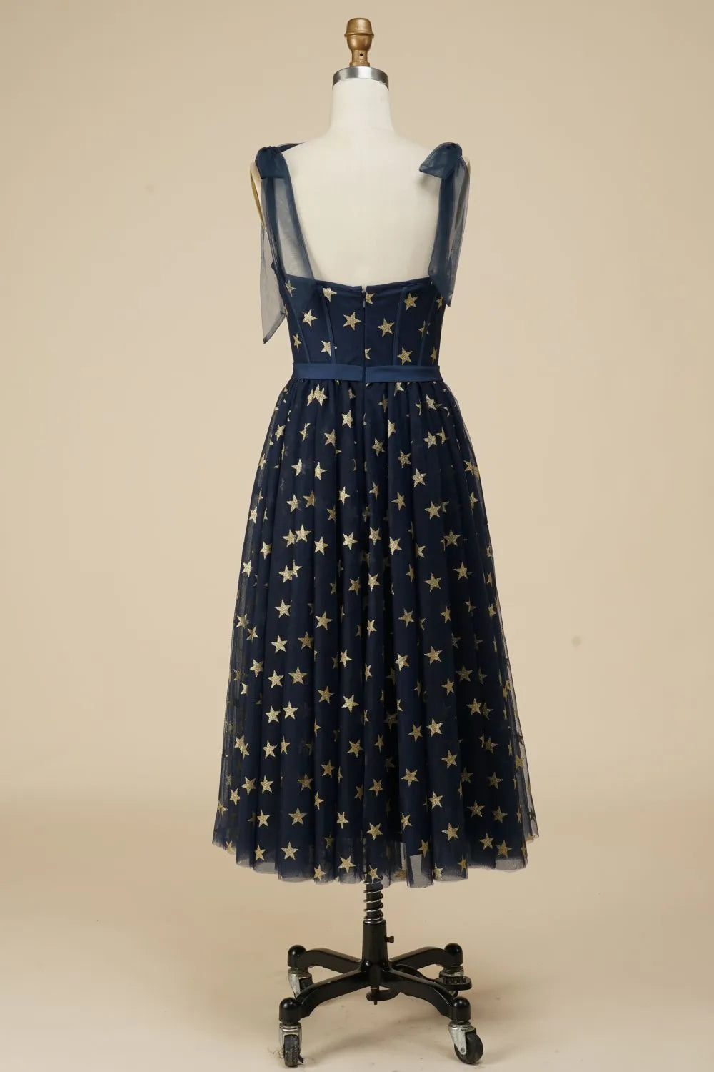 Navy blue A-line brown long party cocktail ball dress with star pattern