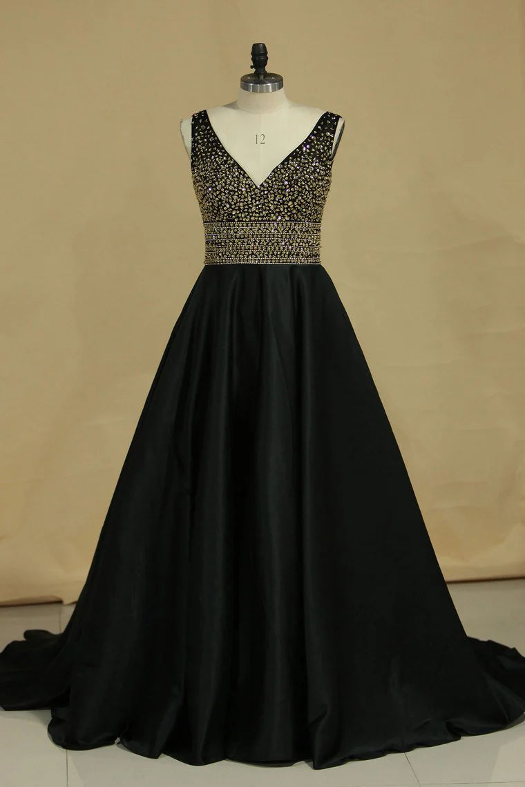 New A-line V-neck Party Dress Satin with Beads and rhinestones