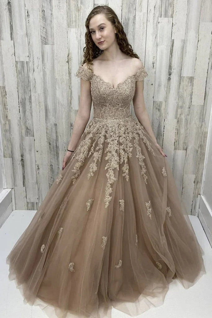 New Elegant Champagne Ball Dress A-line Off Shoulder Tulle Decoration