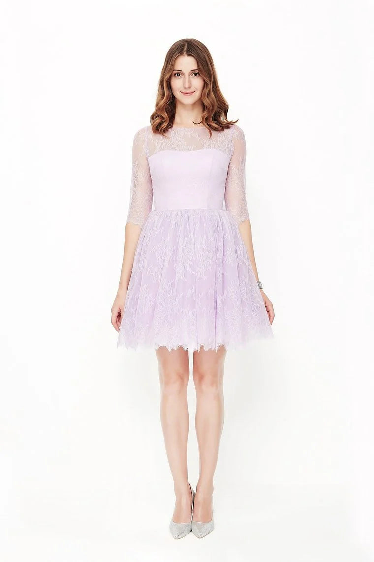 New Back to School Party Dress A-line Skirt Curved Long sleeved Lace Dress