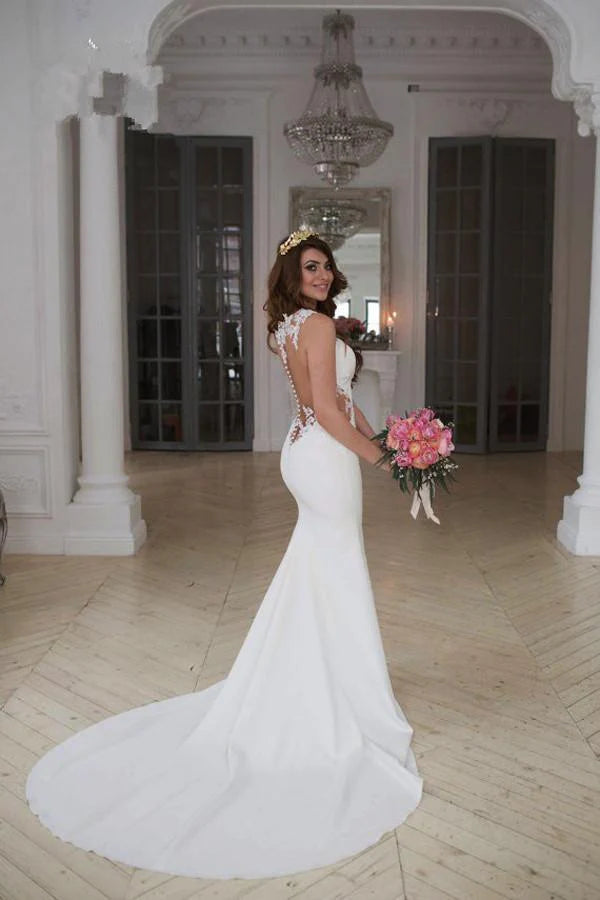 New Elegant Mermaid Round Top Chiffon Perspective Decal Wedding Dress