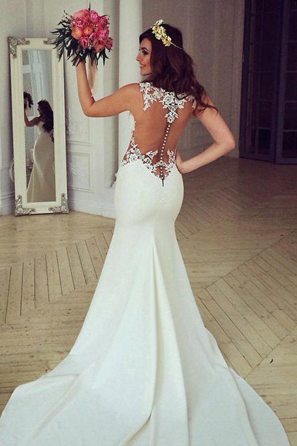 New Elegant Mermaid Round Top Chiffon Perspective Decal Wedding Dress