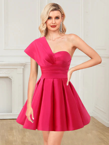 New One Shoulder A-line Dress Comeback Party Dress with Satin