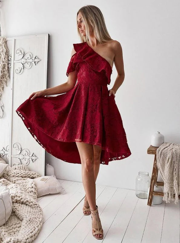 New Sexy One Shoulder Applique Lace Back to School Party Dress