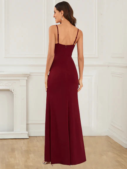 New ball evening gown with tight fitting thin shoulder straps and spandex slit