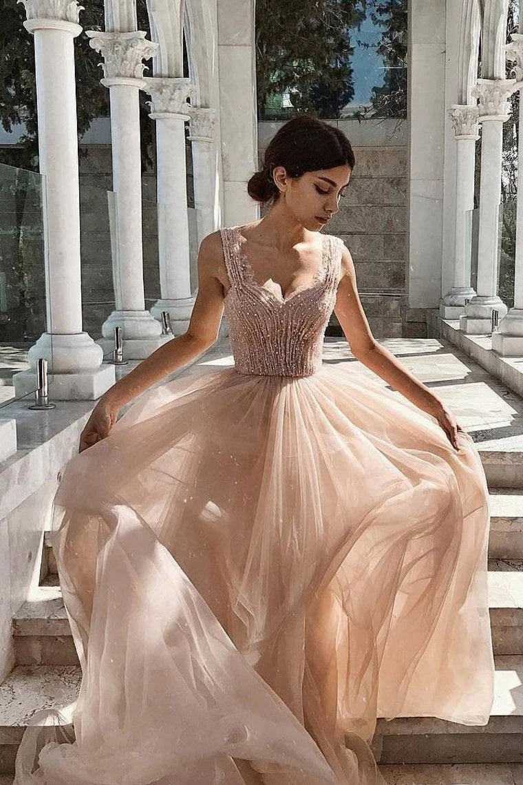New shoulder strap ball dress with sheer edging and bead sweeping hem