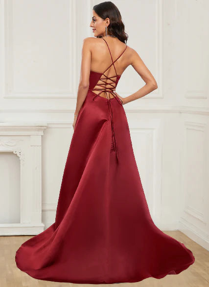New V-neck satin A-line asymmetrical ball party dress