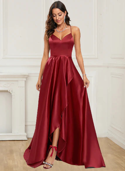 New V-neck satin A-line asymmetrical ball party dress