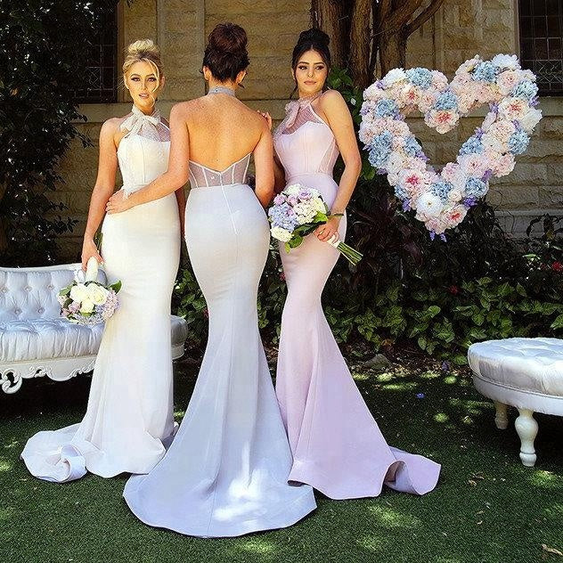 New Mermaid Pink Long Backless Satin Bridesmaid Dress