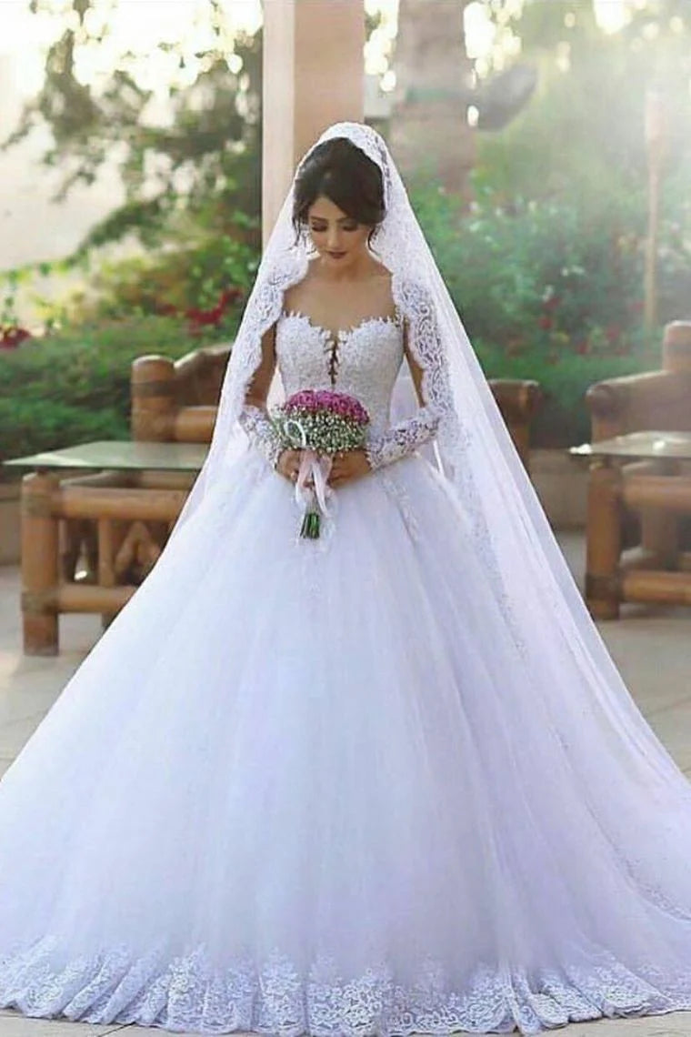 New Elegant Off Shoulder Long sleeved A-line Palace Trailing Tulle Applique Wedding Dress