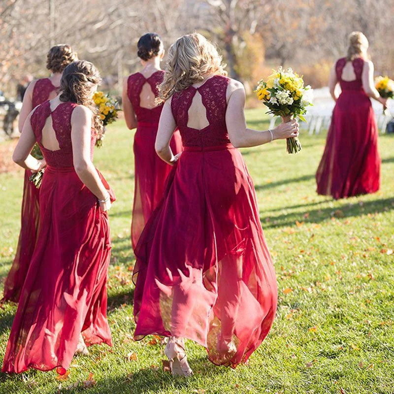 New long red A-line simple lace floor mopping bridesmaid dress