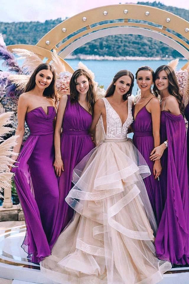 New high-end purple chiffon bridesmaid dress, long ruffled edge bridesmaid dress