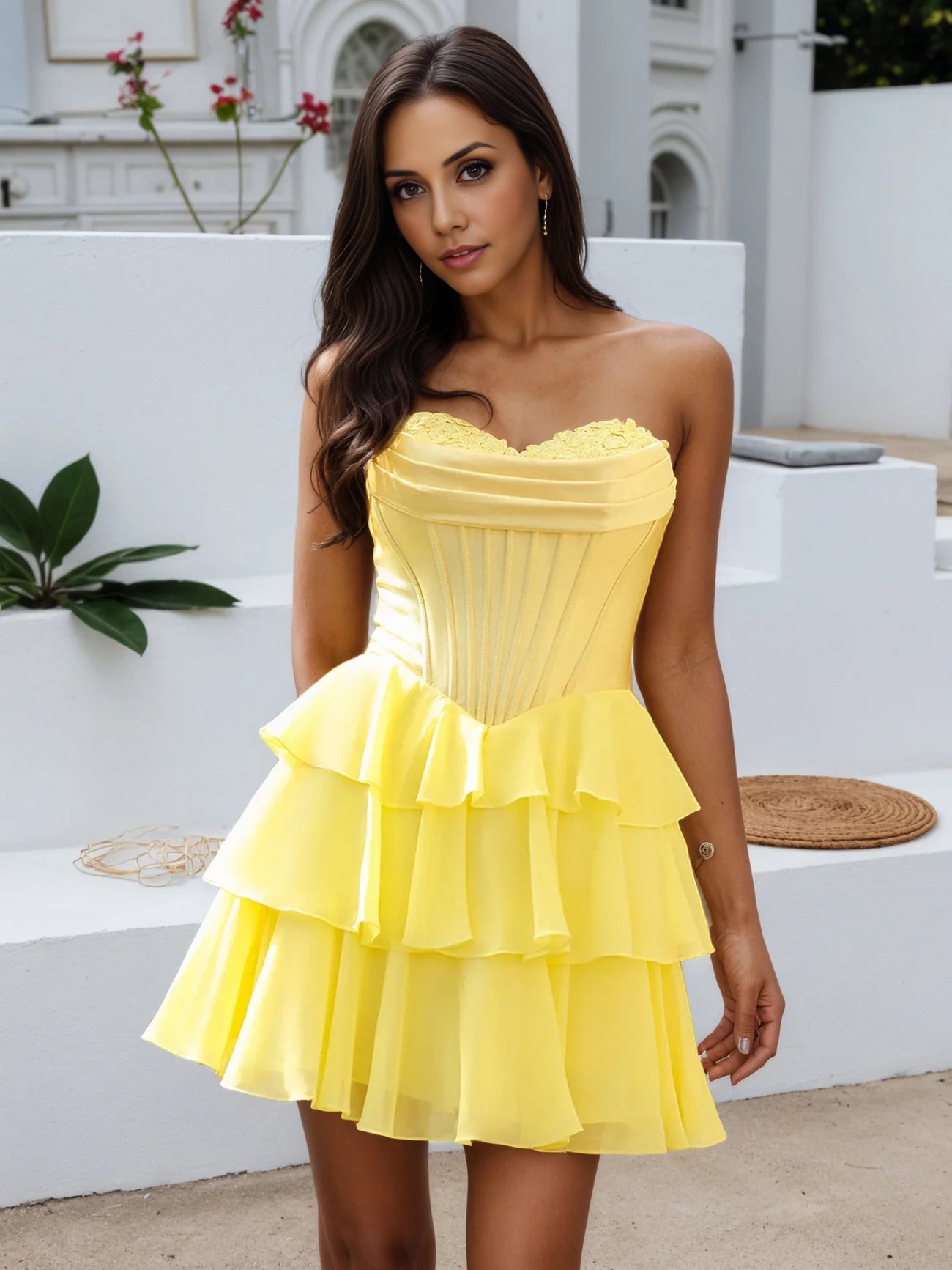 OKBBN Cute A-Shape Sweetheart Off Shoulder Multi Layer Mini Homecoming Dresses