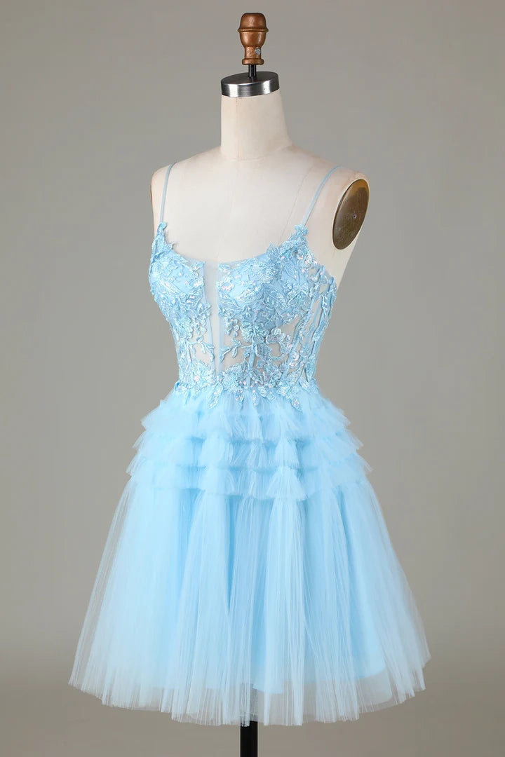 OKBBN Cute A-line Thin Shoulder Strap Sparkle Short Stickers Homecoming Dresses