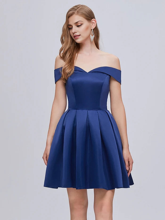 OKBBN Cute Off Shoulder Strap Satin A-line Fully Lined Homecoming Dresses