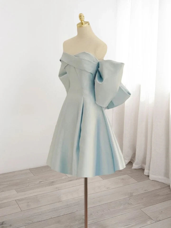 OKBBN Cute Sweetheart Collar Satin Short Off Shoulder Sleeveless Homecoming Dresses