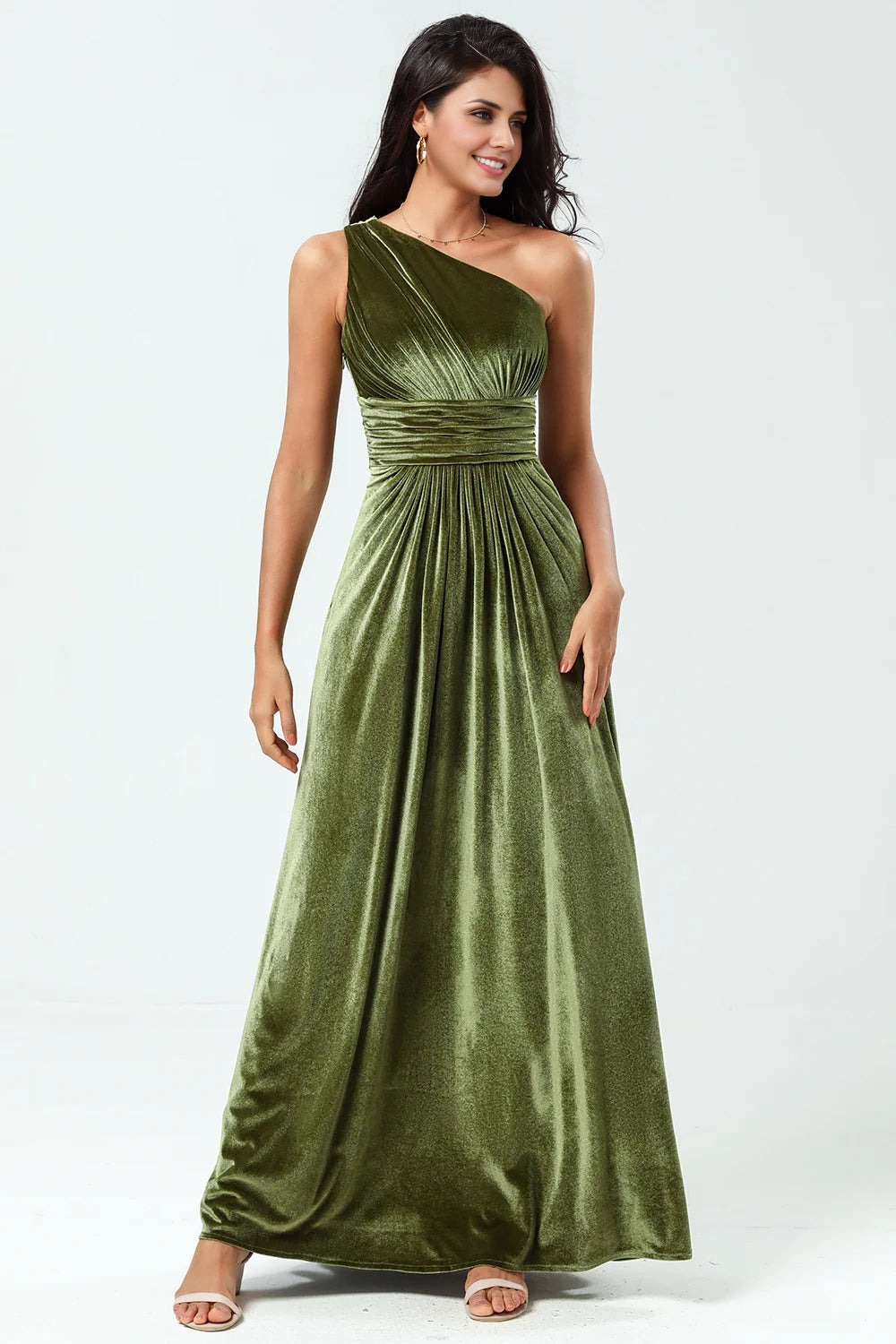OKBBN Elegant A-line Single Shoulder Ruffle Velvet and Bridesmaid Dresses