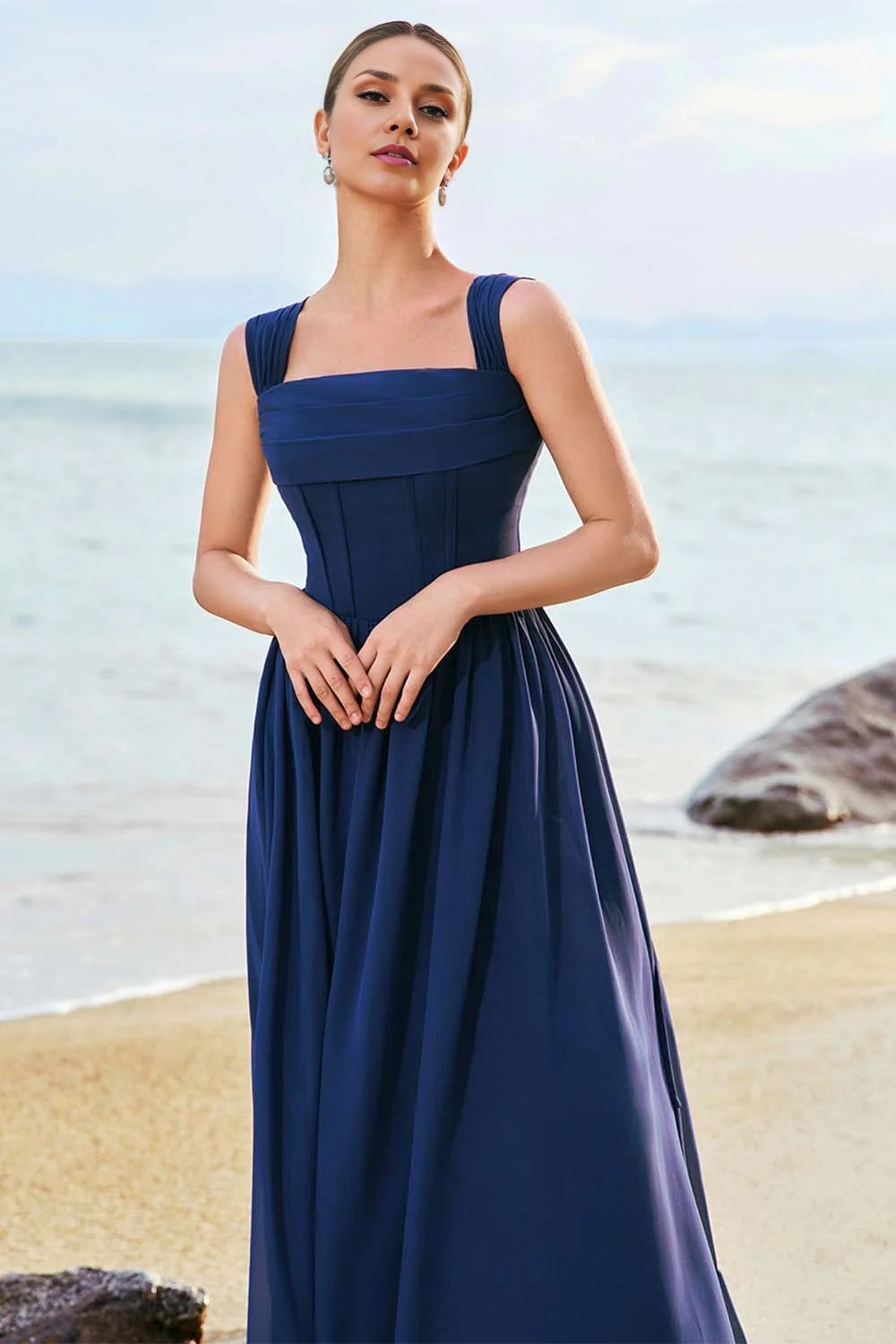 OKBBN Elegant Fashion A-line Square Neck Waist Strap Chiffon Long Bridesmaid Dresses