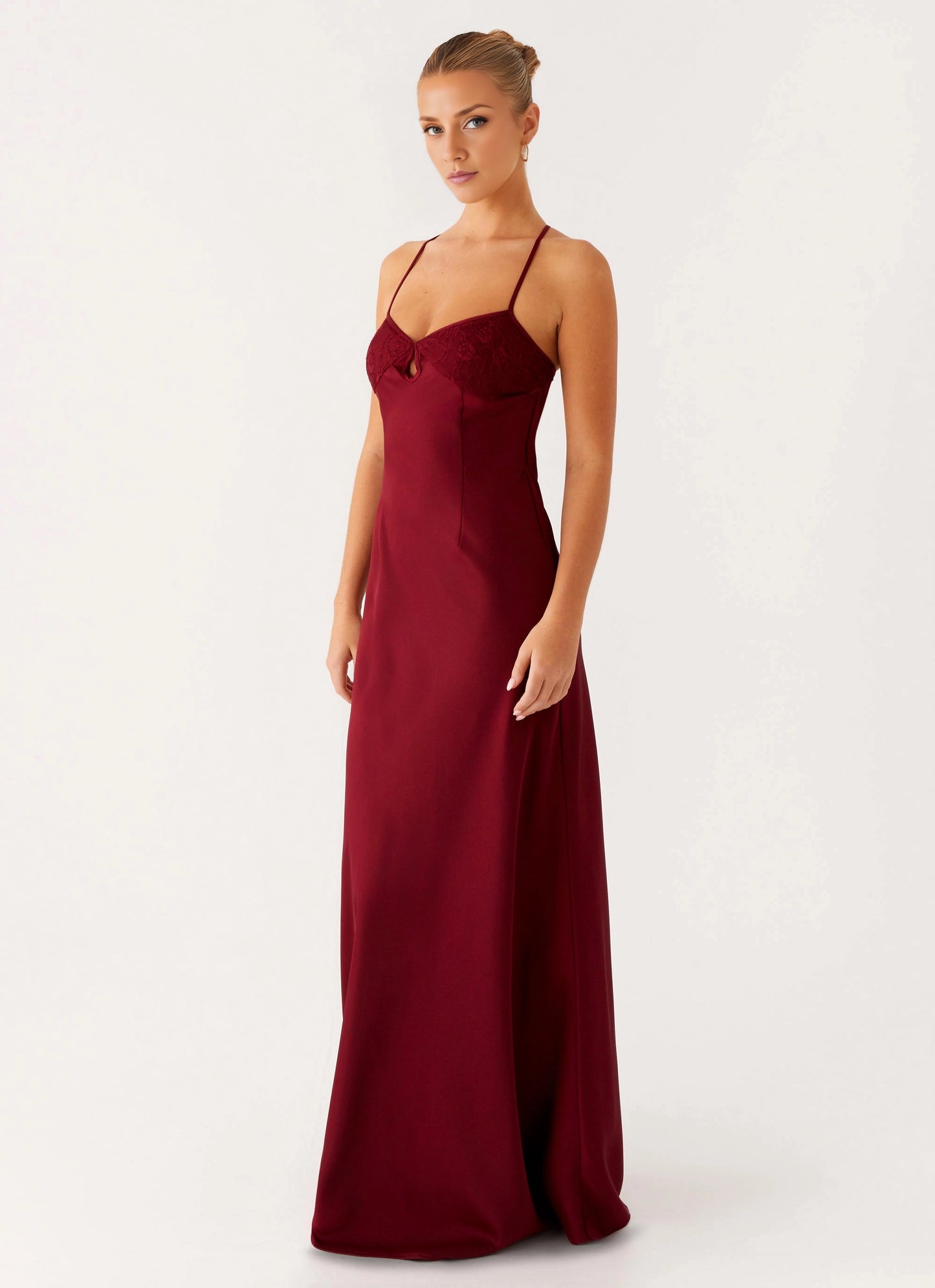 OKBBN Elegant Heart shaped Collar Lock Eye Front Lace Satin Thin Shoulder Straps Homecoming Dresses