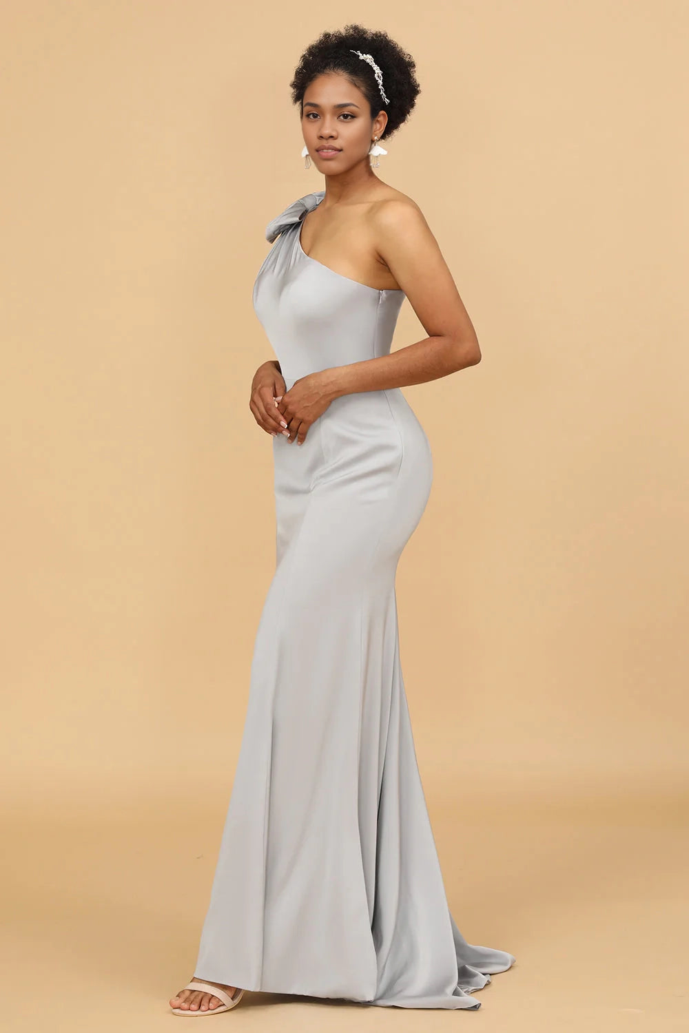 OKBBN Elegant Mermaid One Shoulder Satin Bow Bridesmaid Dresses