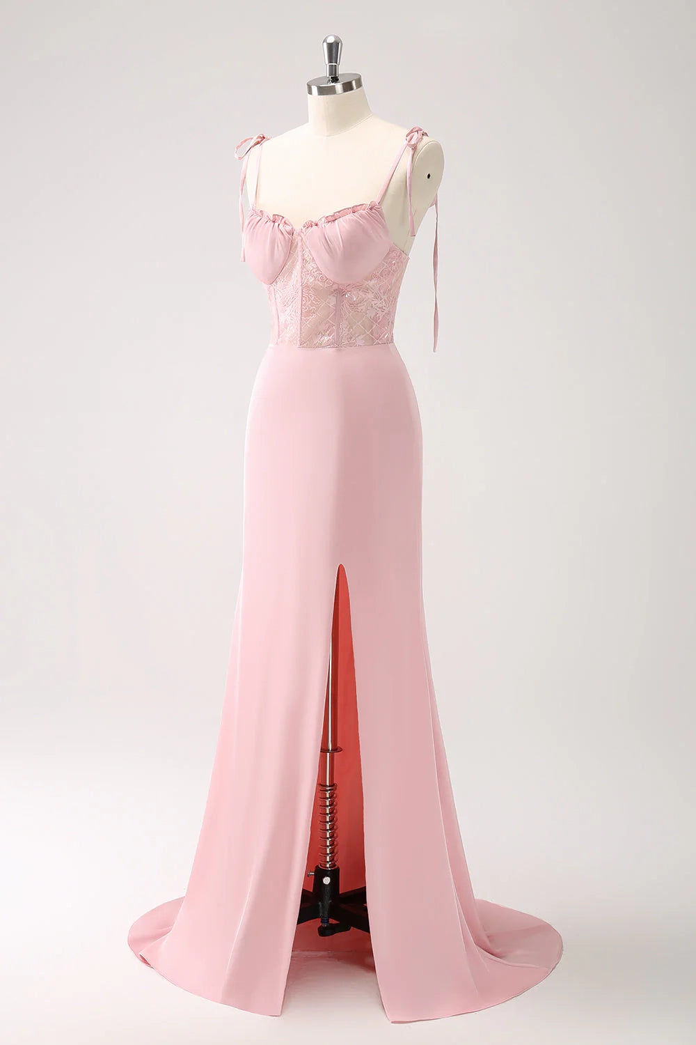 OKBBN Elegant Mermaid Thin Shoulder Strap Satin Waist Long Split Bridesmaid Dresses