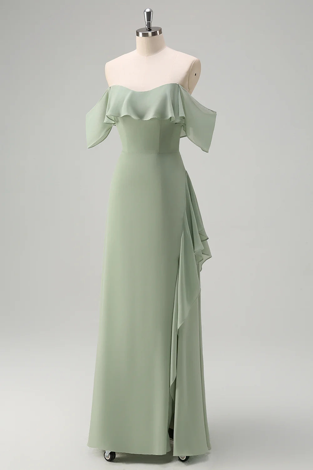 OKBBN Elegant Off Shoulder Chiffon Long Ruffle Split Bridesmaid Dresses