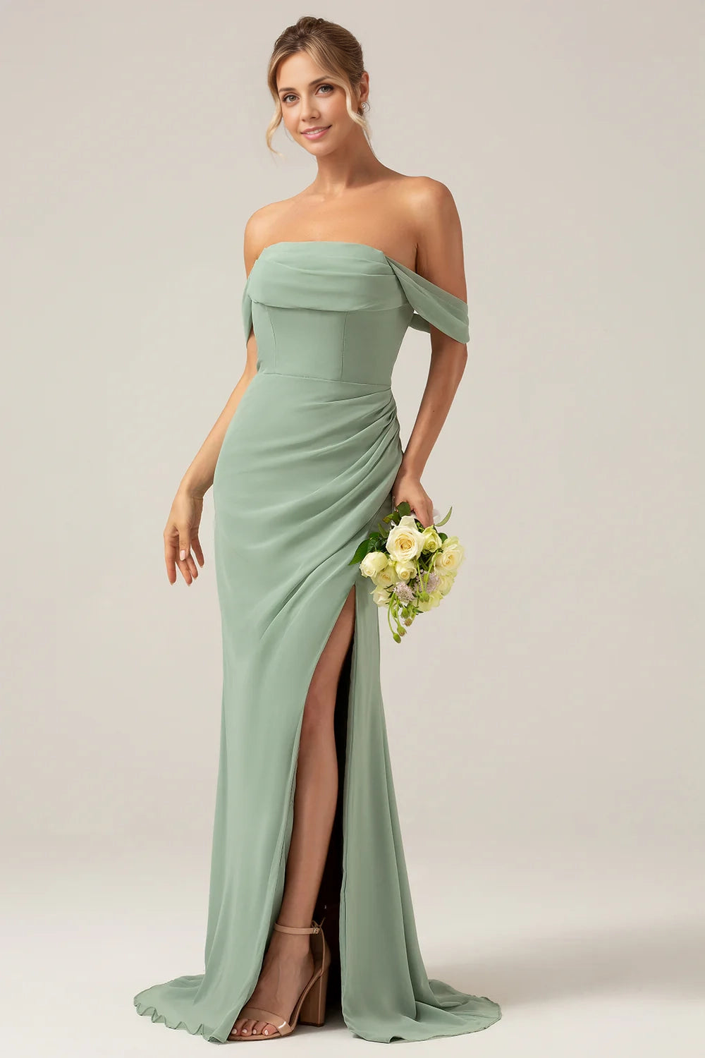 OKBBN Elegant Off Shoulder Folded Chiffon Slits Bridesmaid Dresses