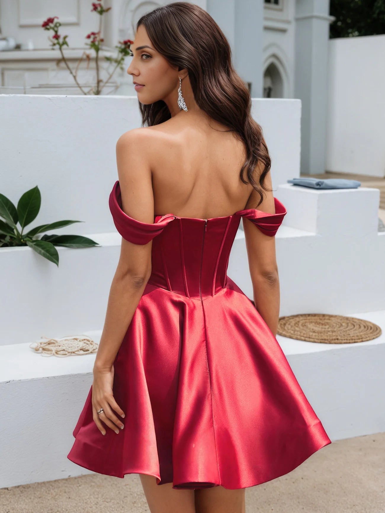 OKBBN Elegant Off Shoulder Highlighting Neck and Shoulder Lines, Shrinking Waist Mini Homecoming Dresses