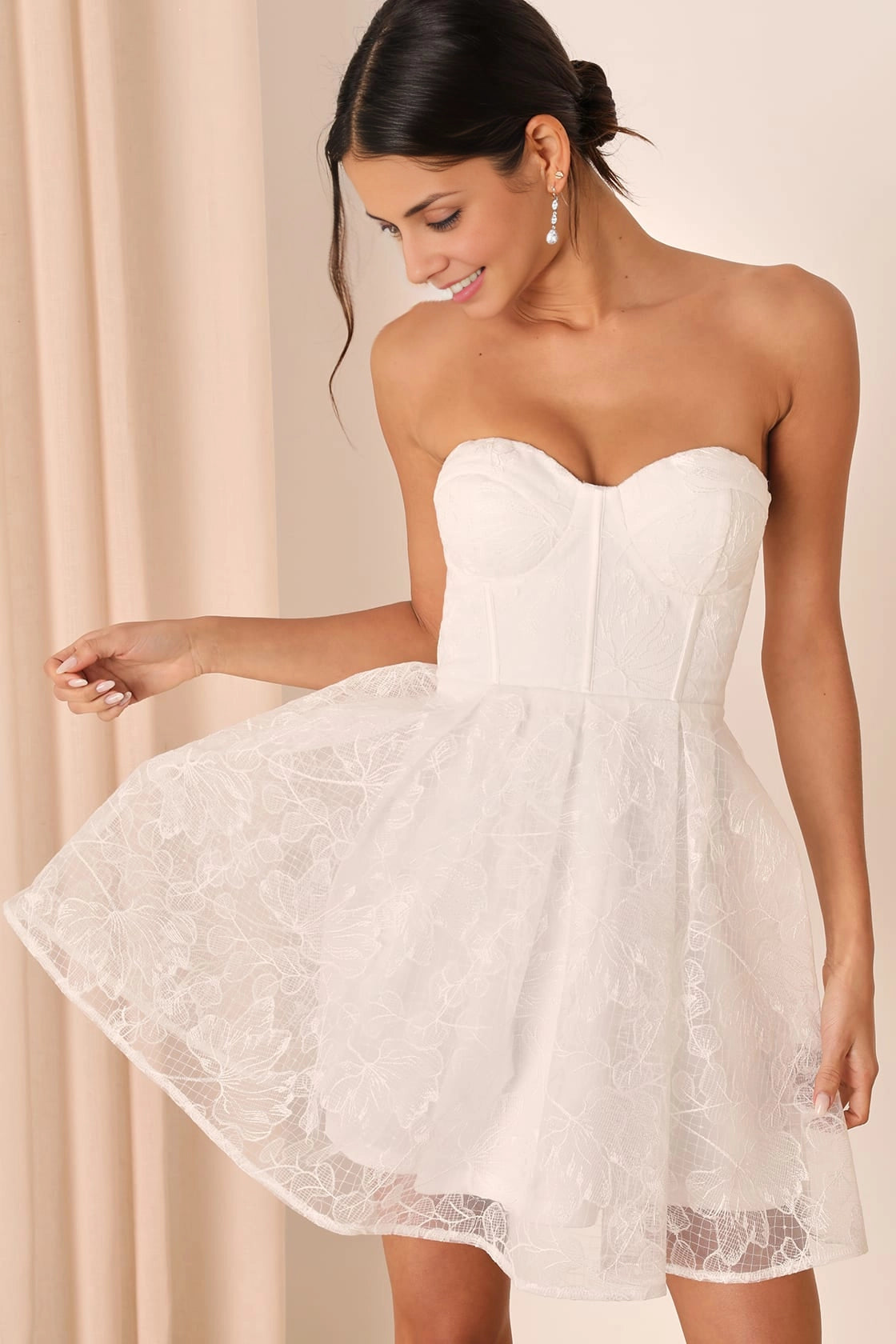 OKBBN Embroidered Off Shoulder sheer mini floral embroidery heart-shaped neckline tight corset Homecoming Dresses
