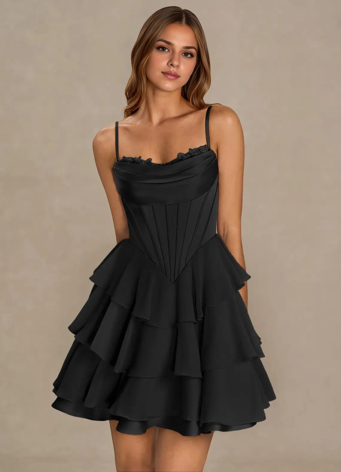 OKBBN Romantic and Exquisite Heart Shaped Lace Waist, Ruffle Edge Stacked Back Strap, Homecoming Dresses