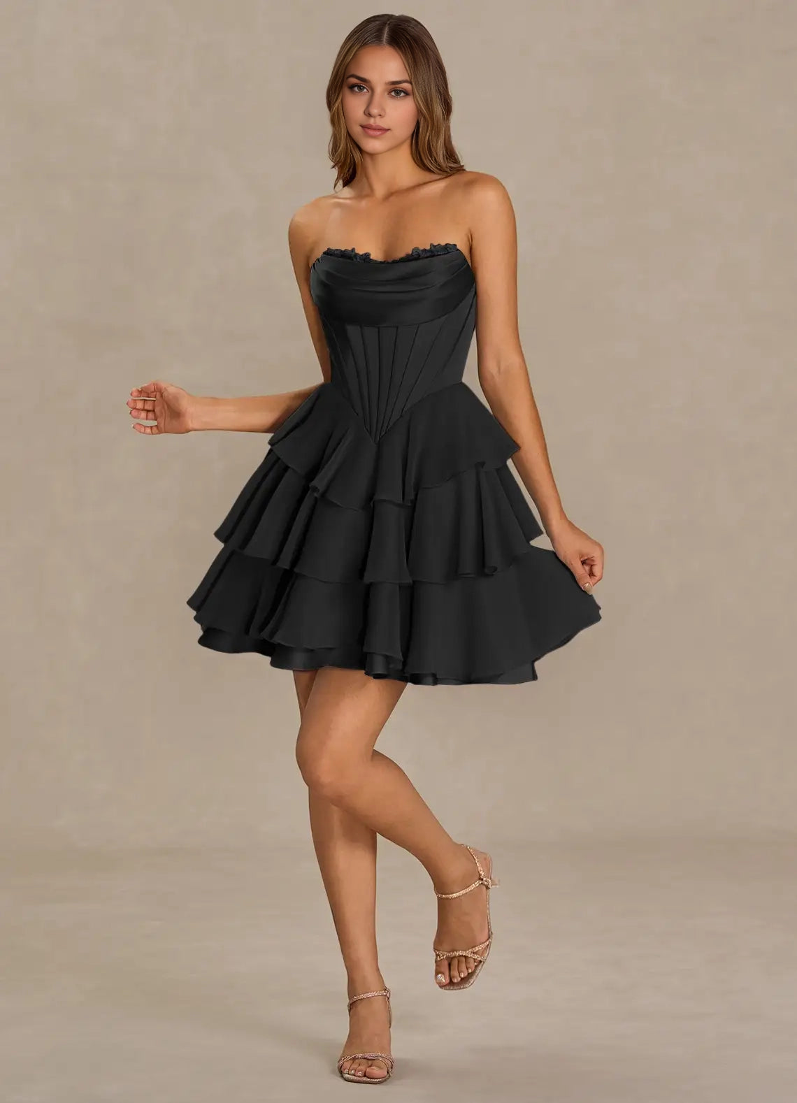 OKBBN Romantic and Exquisite Heart Shaped Lace Waist, Ruffle Edge Stacked Back Strap, Homecoming Dresses
