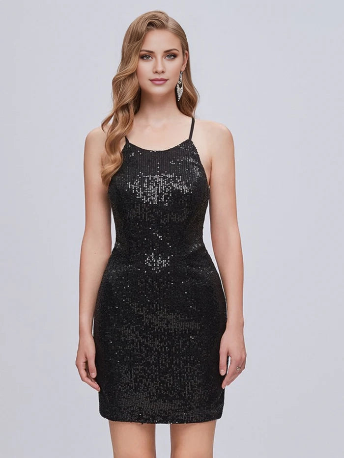 OKBBN Sparkling Glitter Strap Strap Short Slim Fit Homecoming Dresses