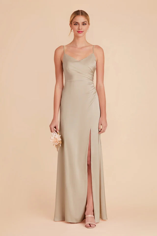 OKBBN V-neck matte satin dress with asymmetrical pleats Prom Dresses