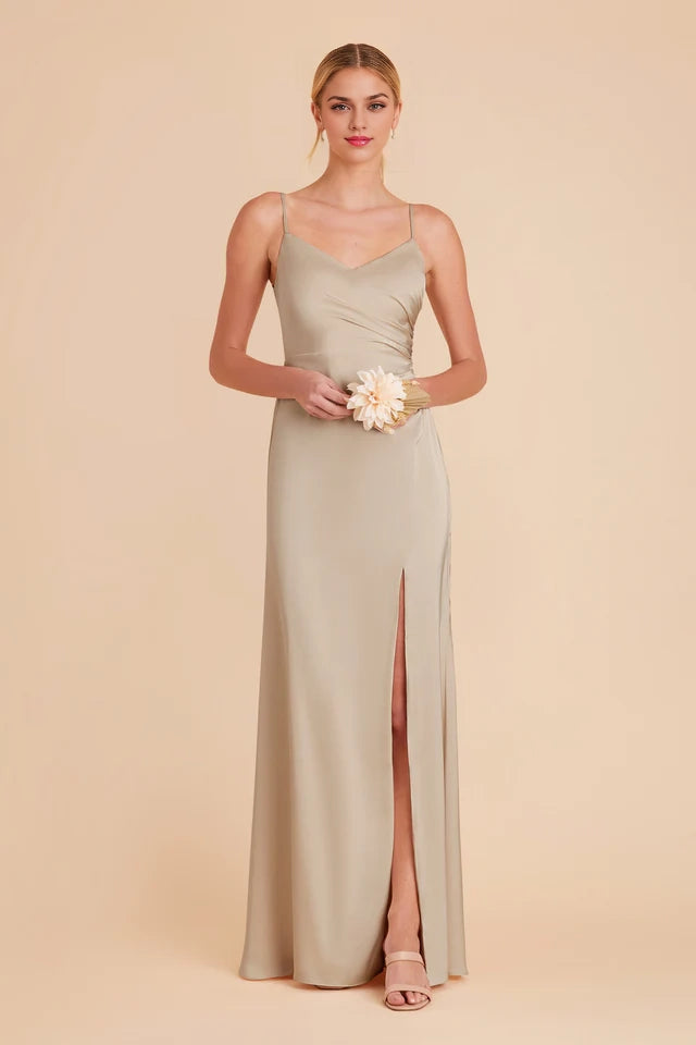 OKBBN V-neck matte satin dress with asymmetrical pleats Prom Dresses