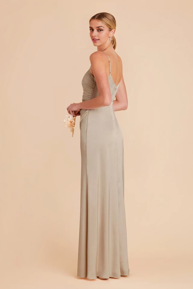 OKBBN V-neck matte satin dress with asymmetrical pleats Prom Dresses