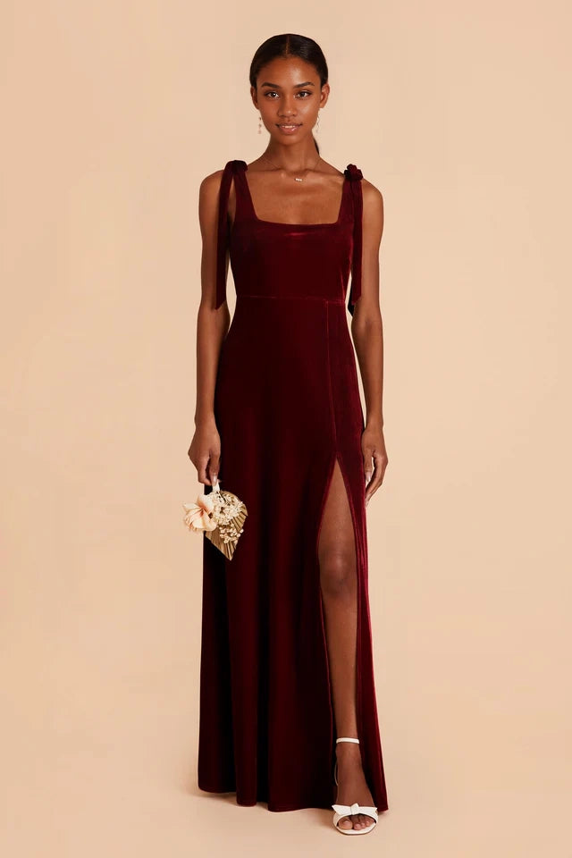 OKBBN Velvet Square Collar Shoulder Straps Detachable Front Opener and Floor Prom Dresses