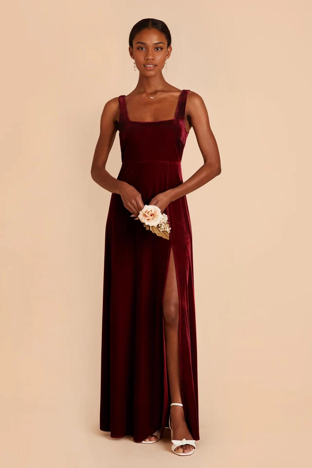 OKBBN Velvet Square Collar Shoulder Straps Detachable Front Opener and Floor Prom Dresses
