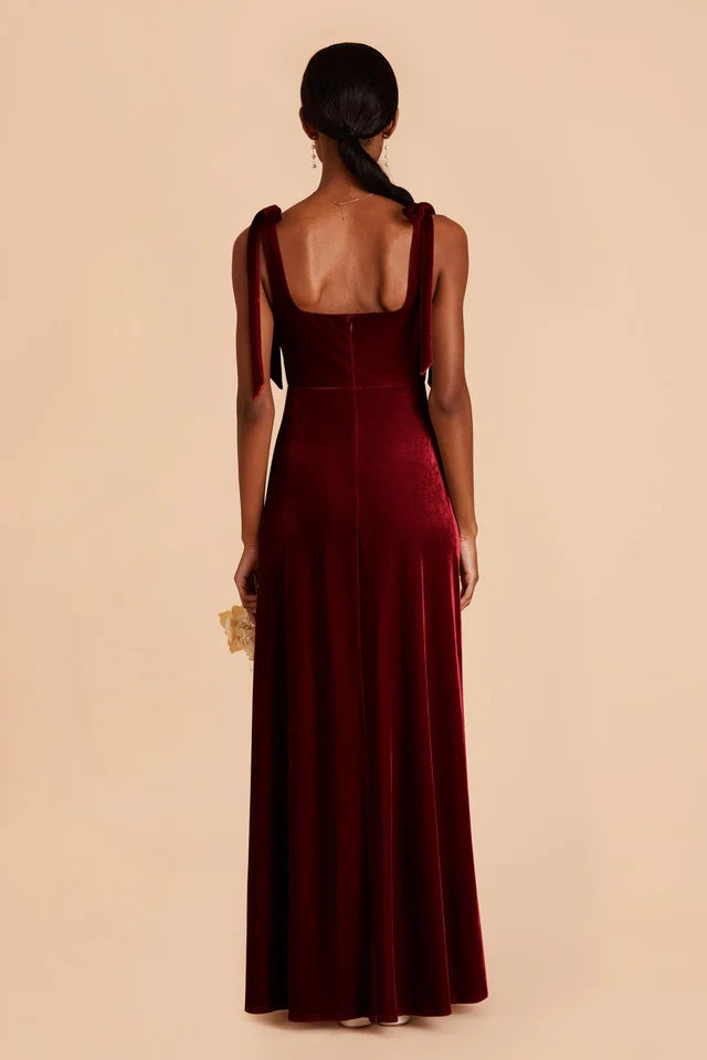 OKBBN Velvet Square Collar Shoulder Straps Detachable Front Opener and Floor Prom Dresses