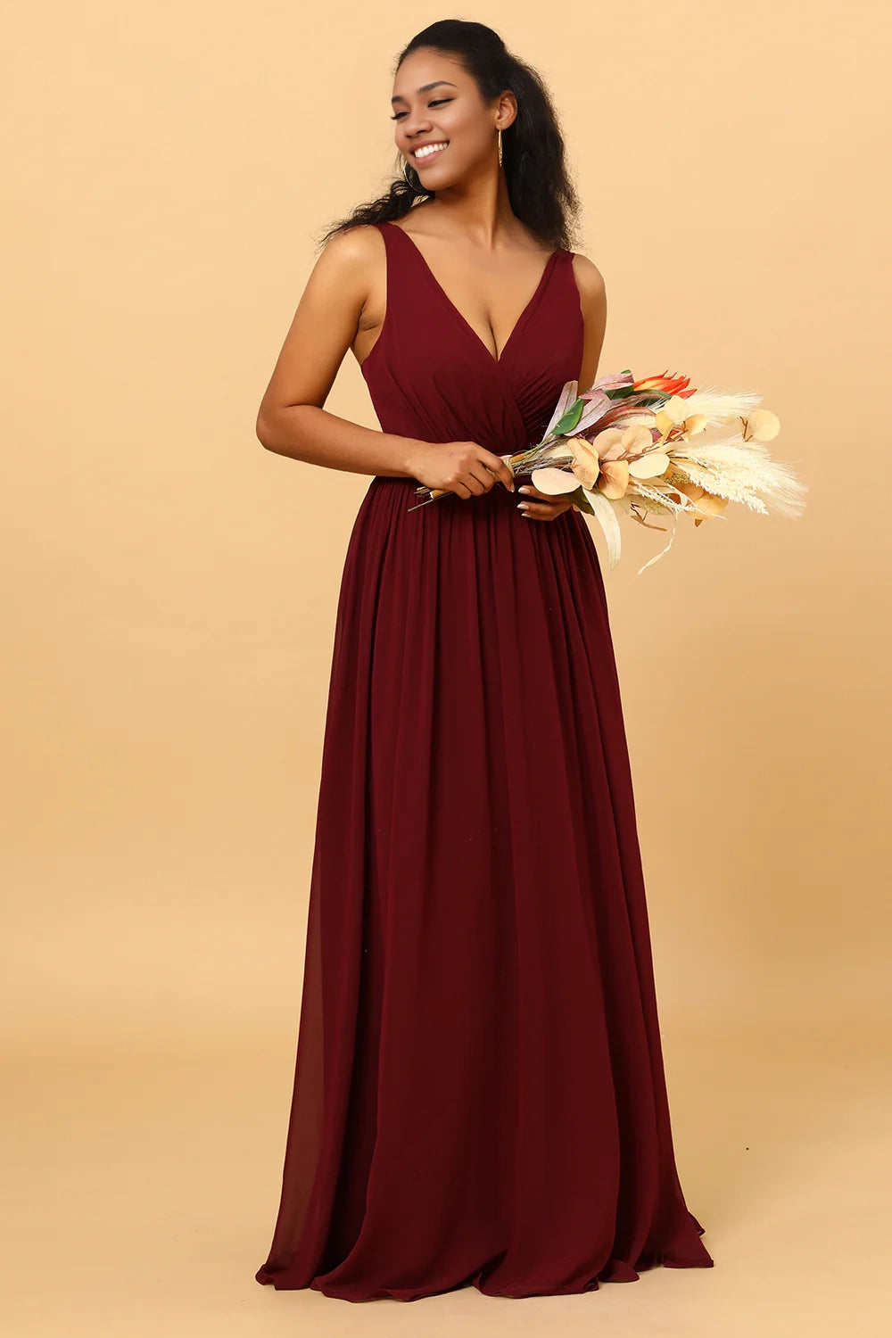 OKBBN's charming A-line V-neck pleated and ground length chiffon Bridesmaid Dresses
