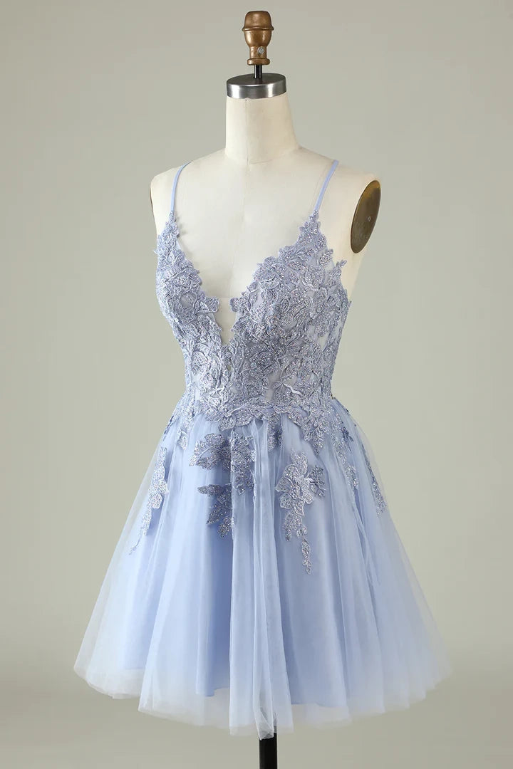 OKBBN's charming A-line thin shoulder strap decal short Homecoming Dresses