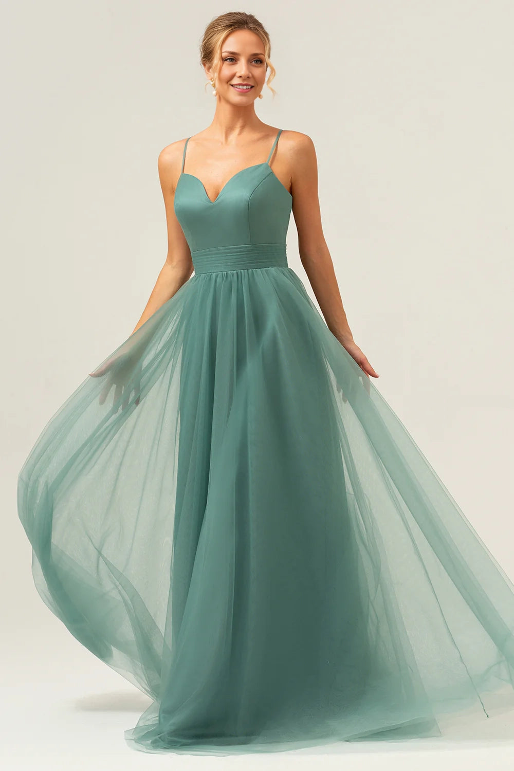 OKBBN's charming A-line thin shoulder strap with pleated decoration for floor mopping Bridesmaid Dresses