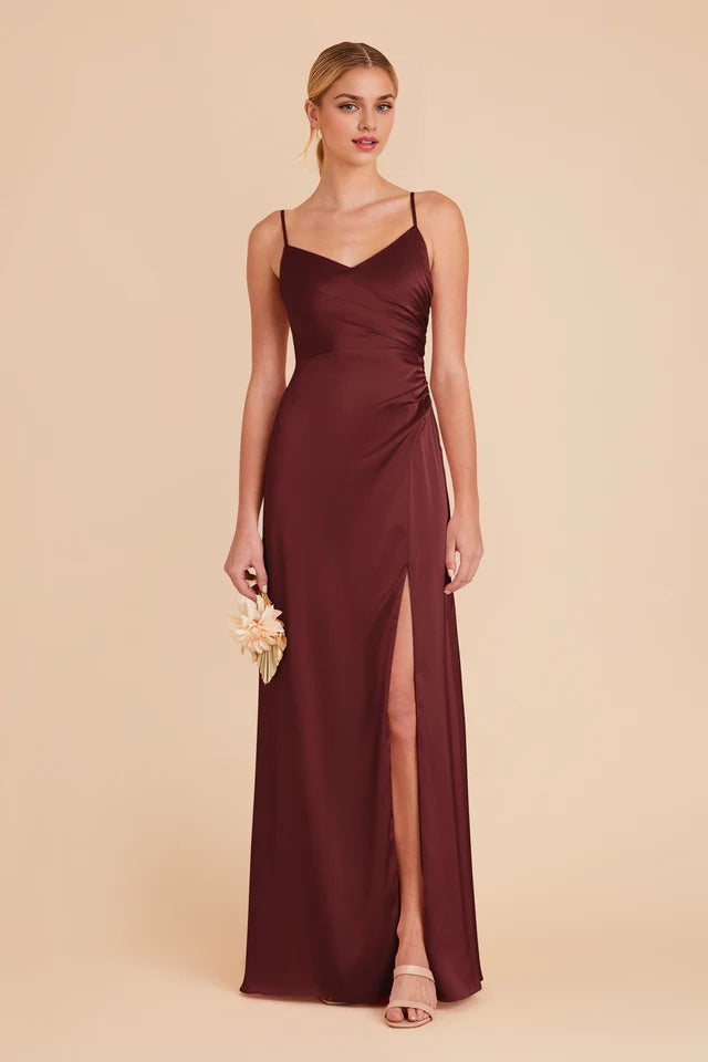 OKBBN's charming V-neck matte satin asymmetrical pleated Prom Dresses